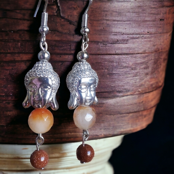 Faceted Carnelian & Goldstone Buddha Handcrafted Earrings - Picture 3 of 8